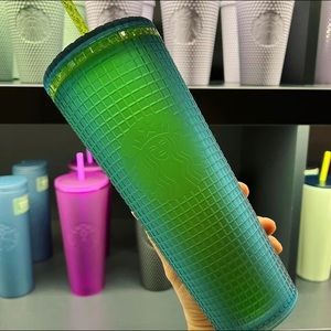 Starbucks MT Dew Green Grid Studded Glowing Tumbler Cold Cup 24oz NWT 2021 SetX2